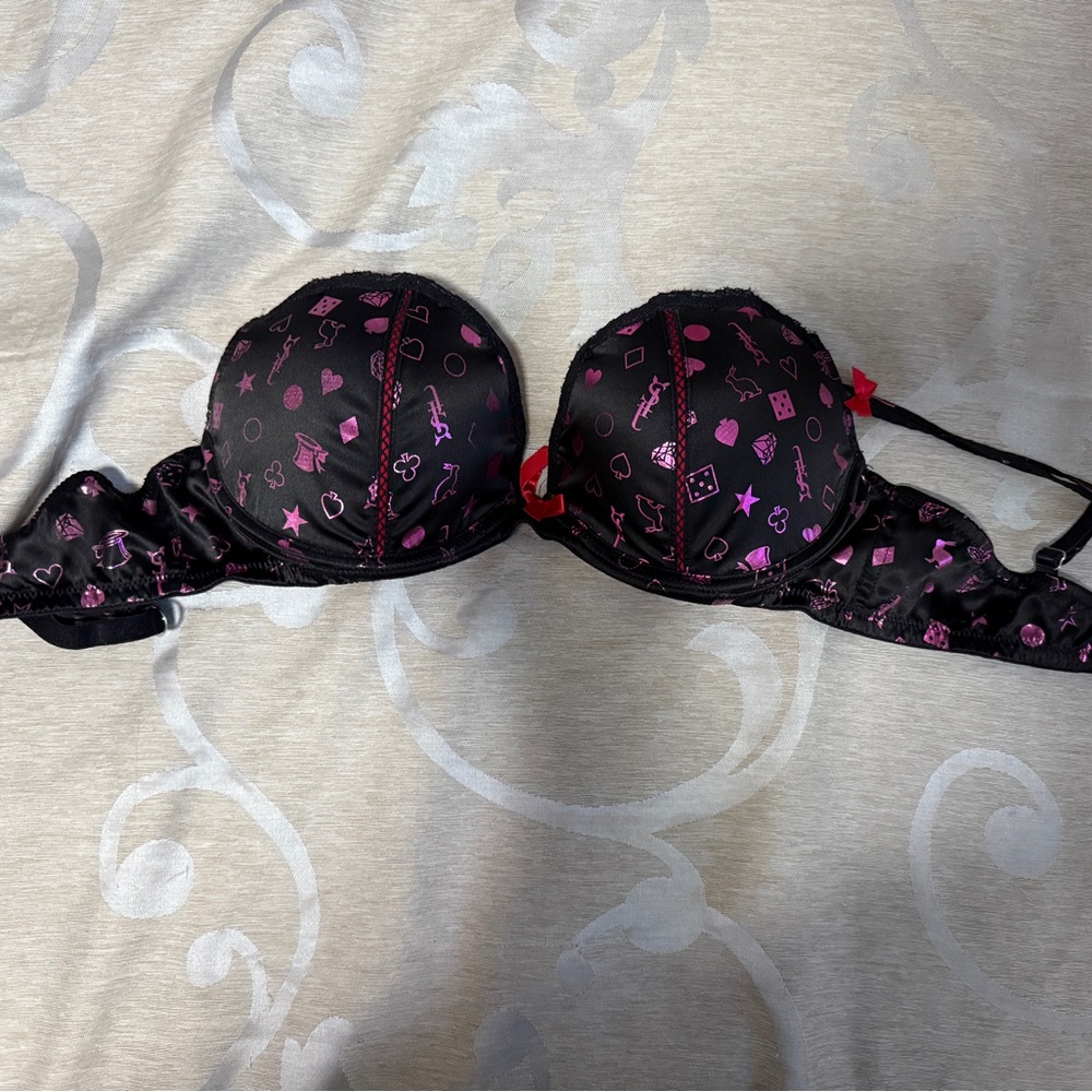 Victoria's Secret Black Bra with Pink Polka Dots Padded Cups